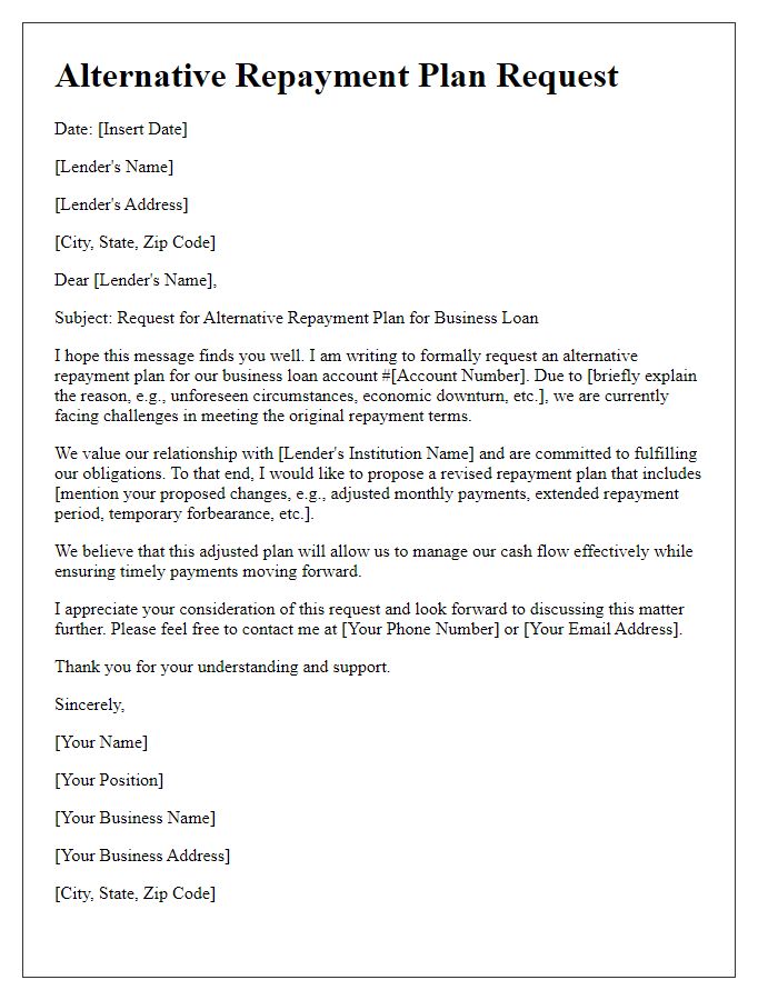 Letter template of alternative repayment plan for business loan