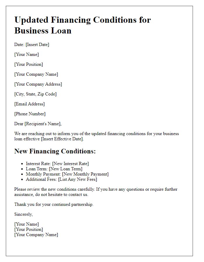 Letter template of updated financing conditions for business loan