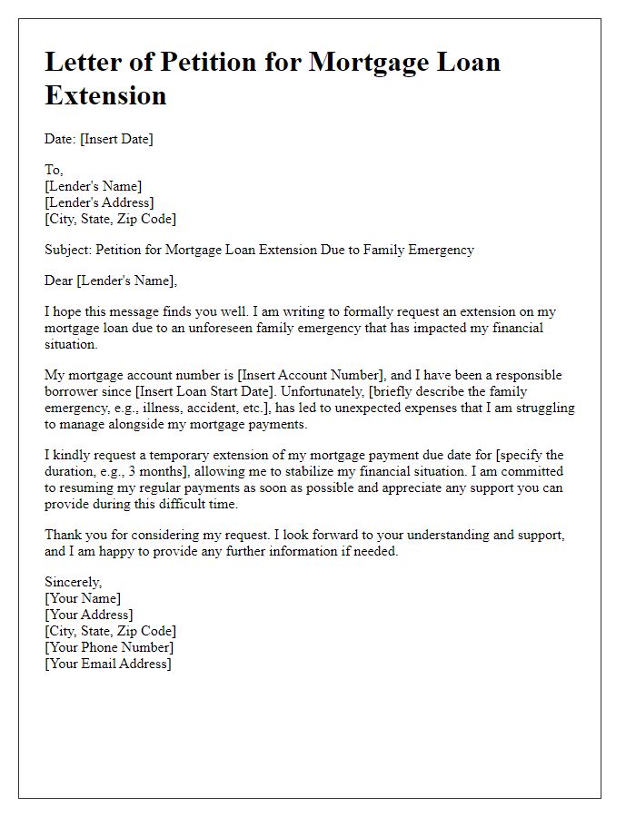 Letter template of mortgage loan extension petition for family emergency.