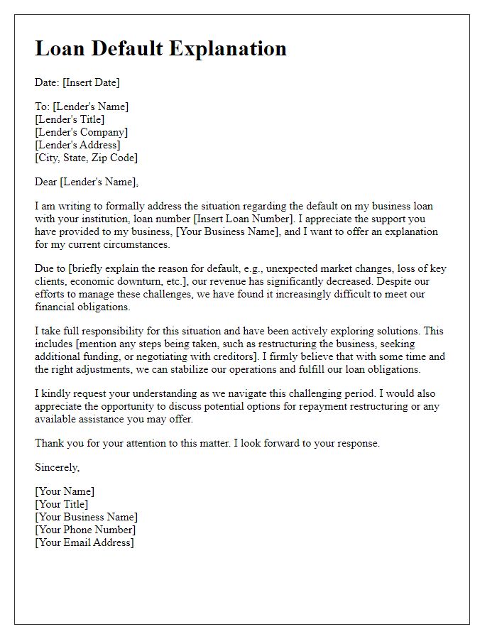 Letter template of loan default explanation for business loans.