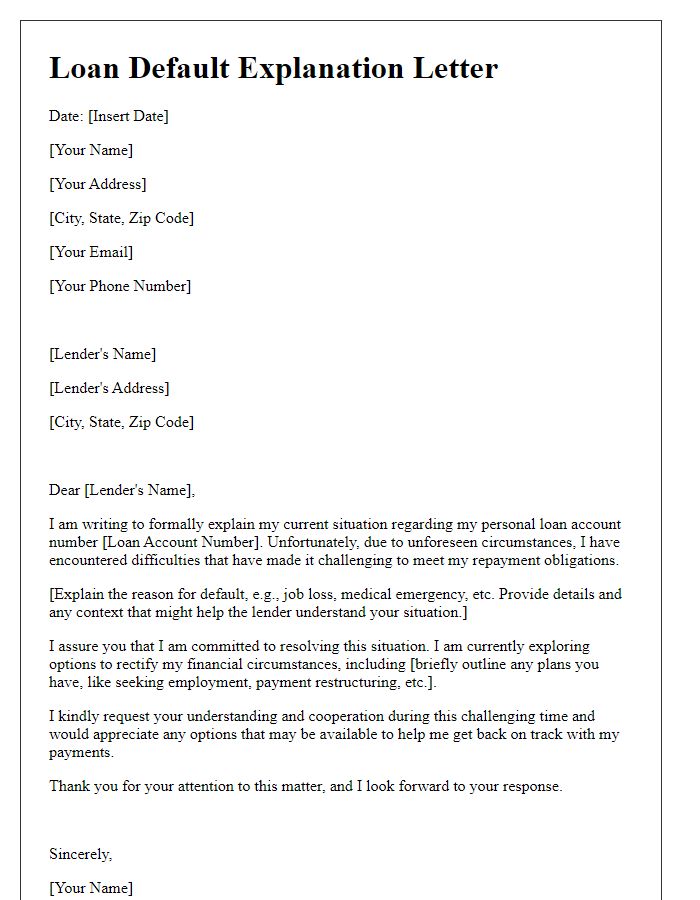 Letter template of loan default explanation for personal loans.