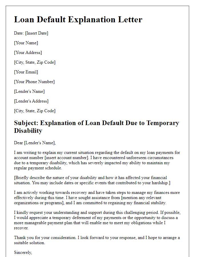 Letter template of loan default explanation for temporary disability.