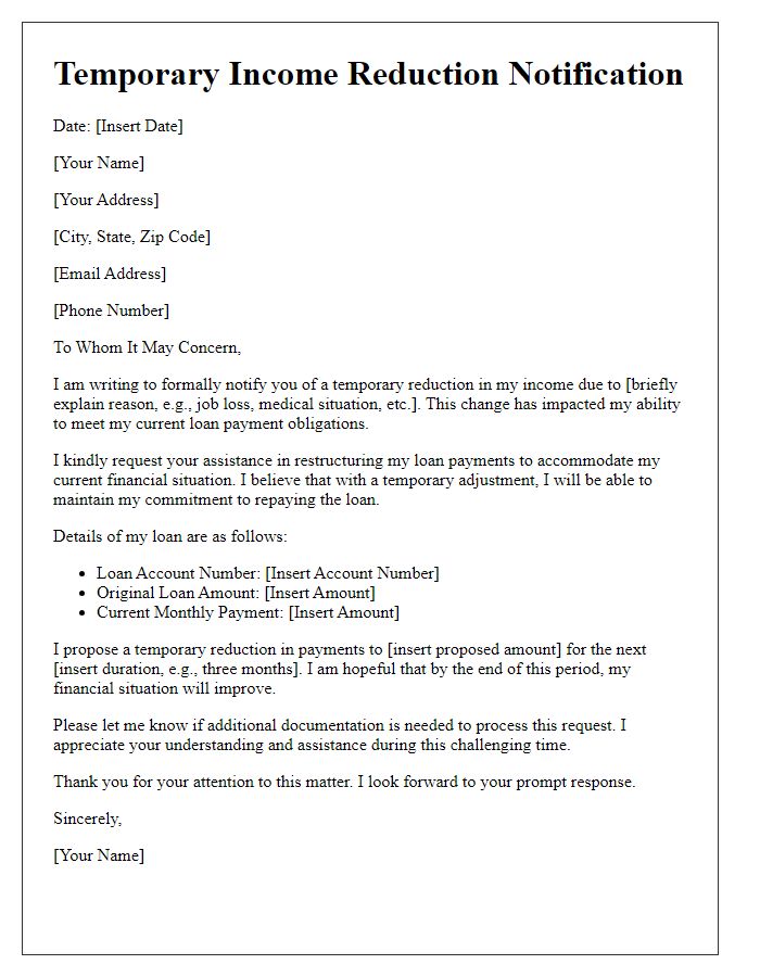 Letter template of temporary income reduction for restructuring loan payments.