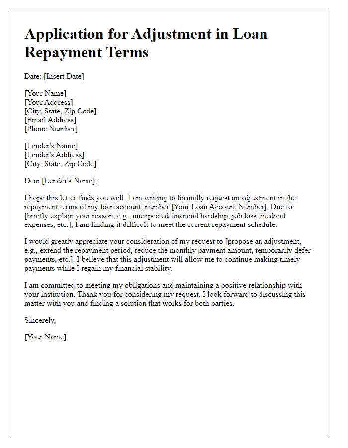 Letter template of application for adjustment in loan repayment terms