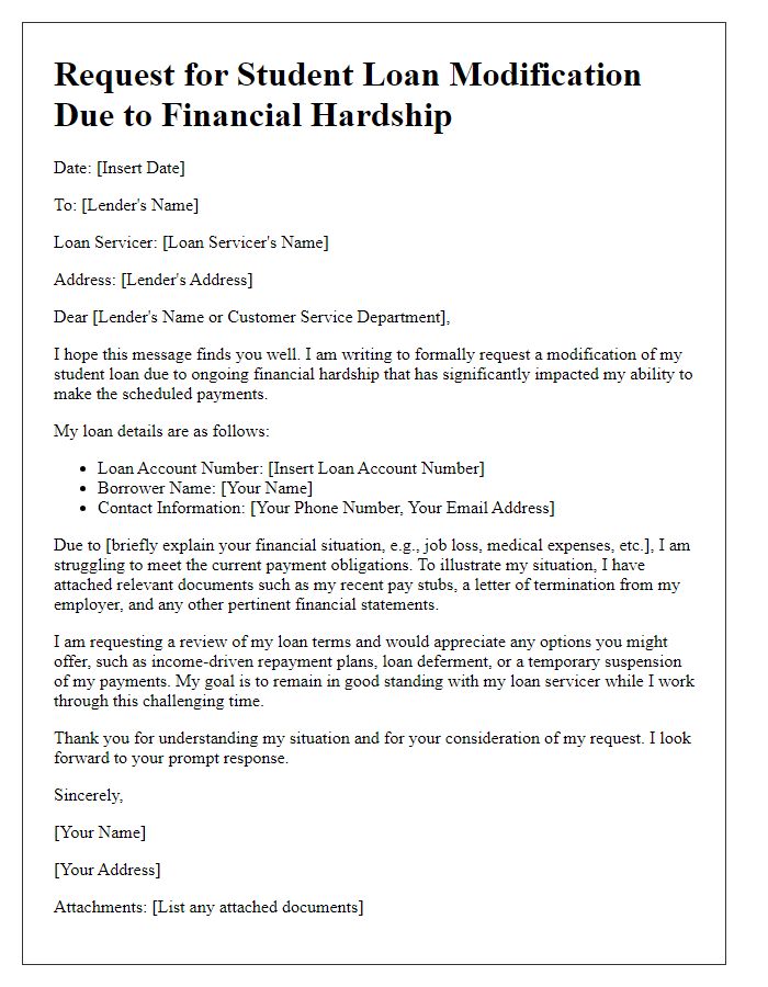 Letter template of financial hardship student loan modification