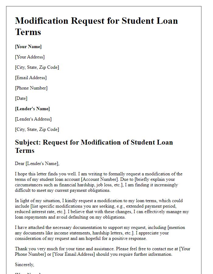 Letter template of modification request for student loan terms