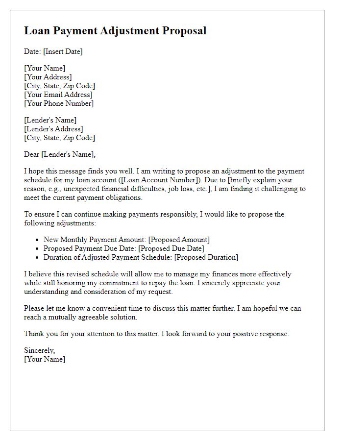 Letter template of adjustment proposal for loan payment schedule.