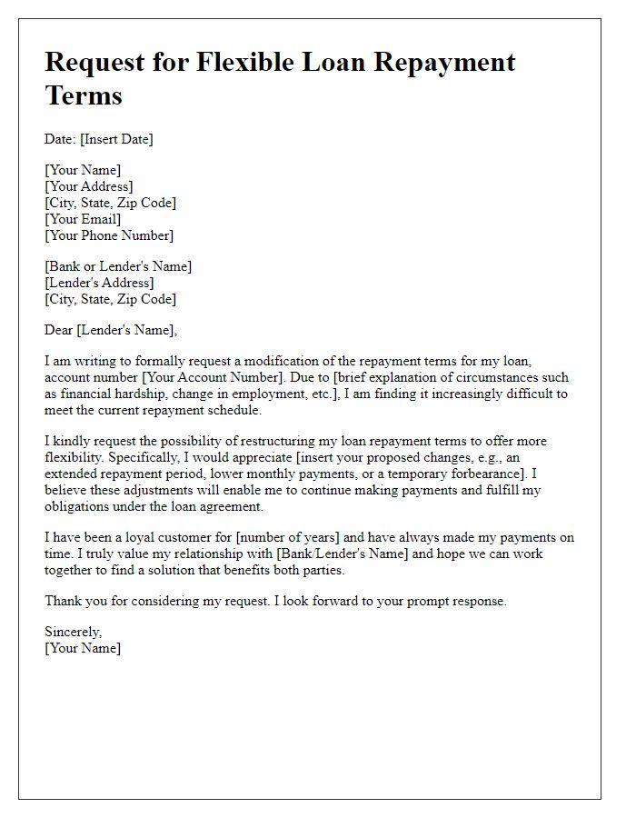 Letter template of formal request for flexible loan repayment terms.