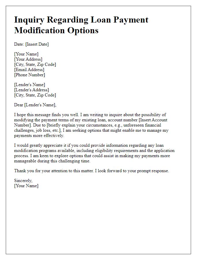 Letter template of inquiry regarding loan payment modification options.