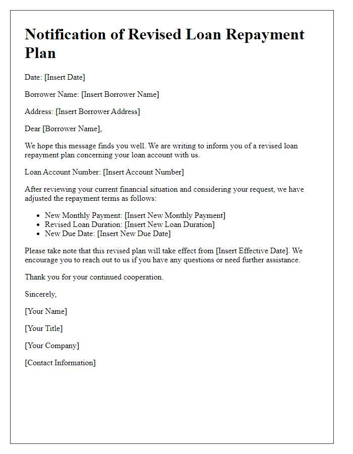 Letter template of notification for revised loan repayment plan.