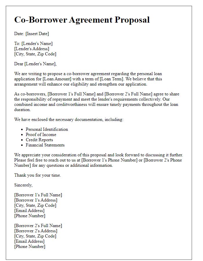 Letter template of co-borrower agreement proposal for personal loans.