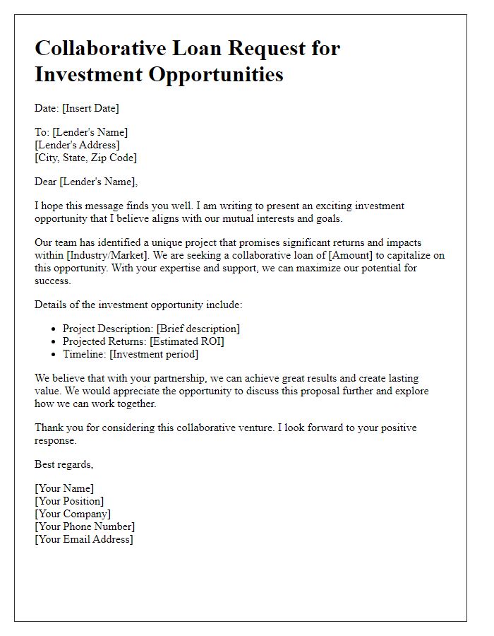 Letter template of collaborative loan request for investment opportunities.