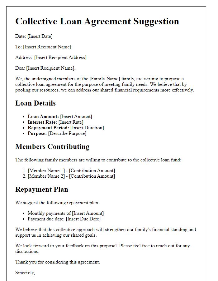 Letter template of collective loan agreement suggestion for family needs.