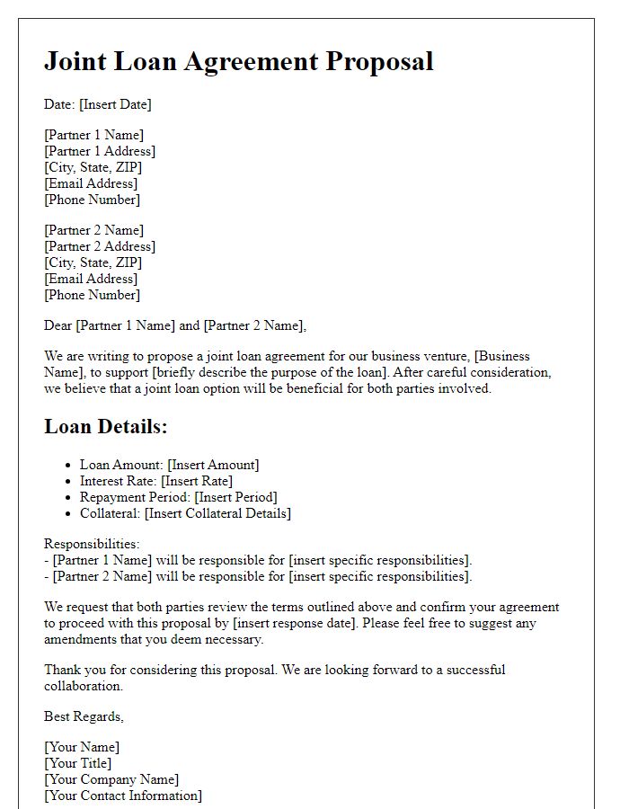 Letter template of joint loan agreement proposal for business partners.