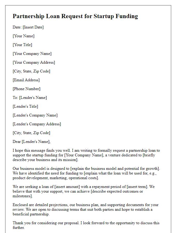 Letter template of partnership loan request for startup funding.