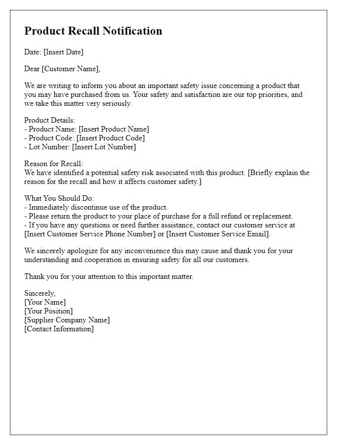 Letter template of supplier product recall notification addressing customer safety.