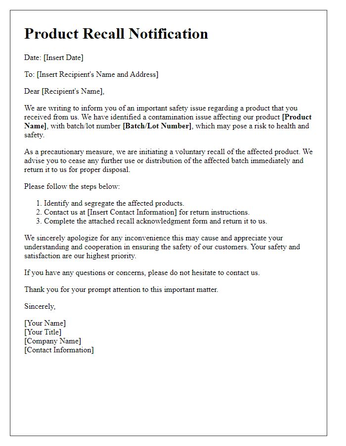 Letter template of supplier product recall notification for contamination issues.