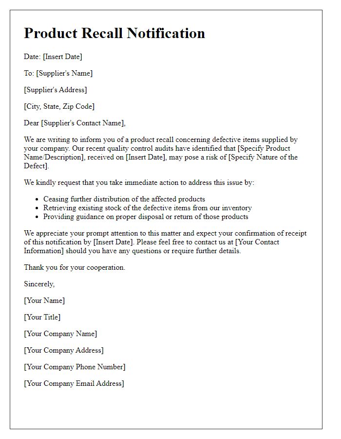 Letter template of supplier product recall notification for defective items.