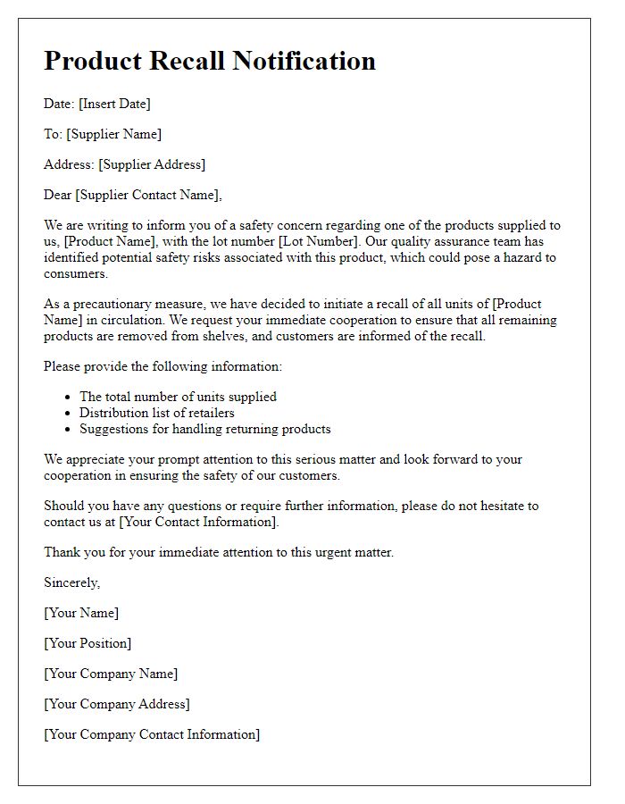 Letter template of supplier product recall notification due to safety concerns.