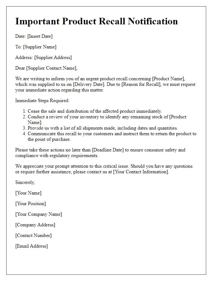 Letter template of supplier product recall notification emphasizing immediate action required.