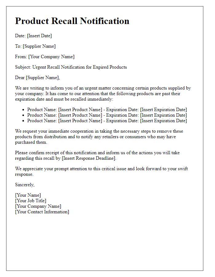 Letter template of supplier product recall notification for expired products.