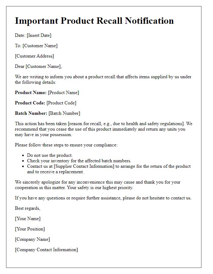 Letter template of supplier product recall notification following regulatory compliance.