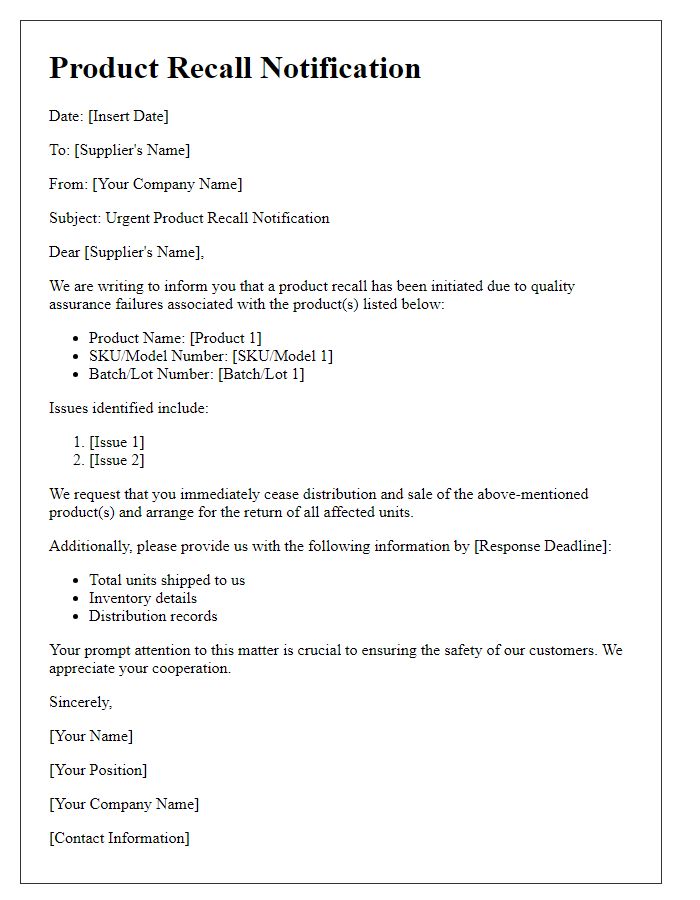 Letter template of supplier product recall notification for quality assurance failures.