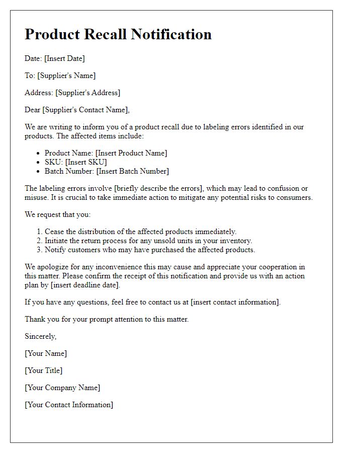 Letter template of supplier product recall notification regarding labeling errors.