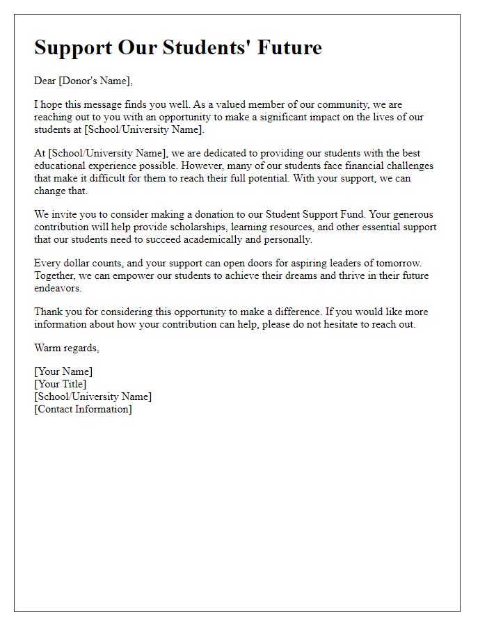 Letter template of donor appeal for student support.