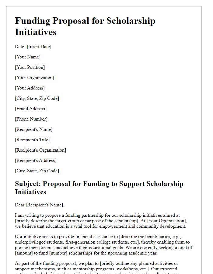 Letter template of funding proposal for scholarship initiatives.