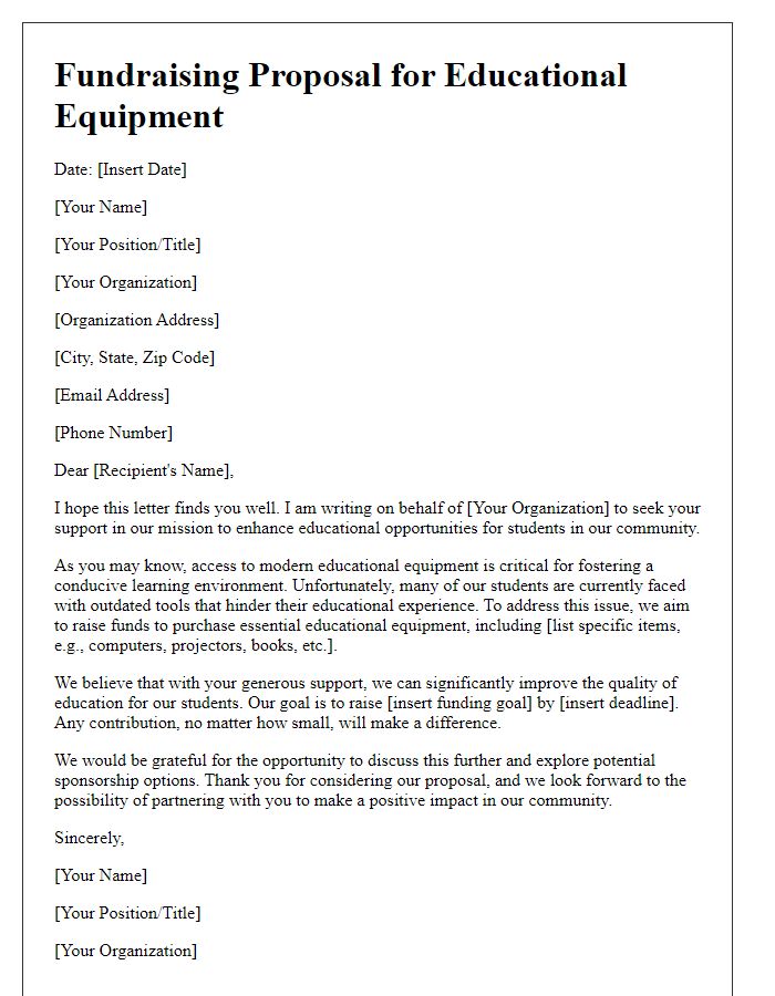 Letter template of fundraising proposal for educational equipment.