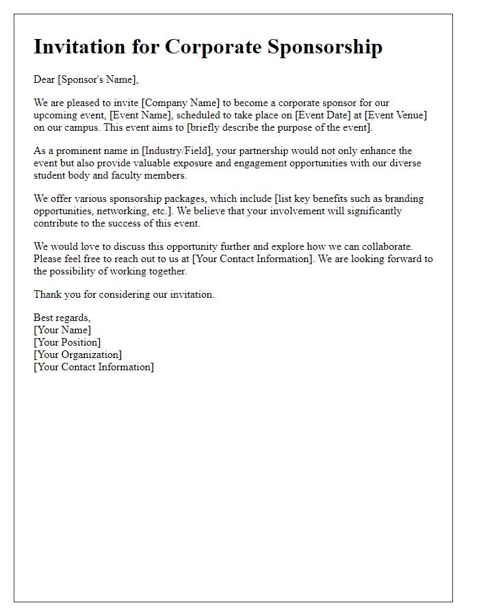 Letter template of invitation for corporate sponsorship on campus.