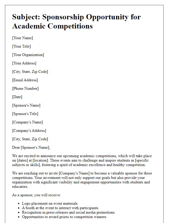 Letter template of sponsorship opportunity for academic competitions.