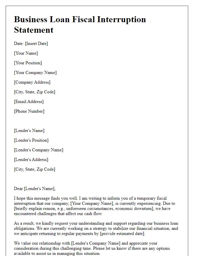 Letter template of business loan fiscal interruption statement