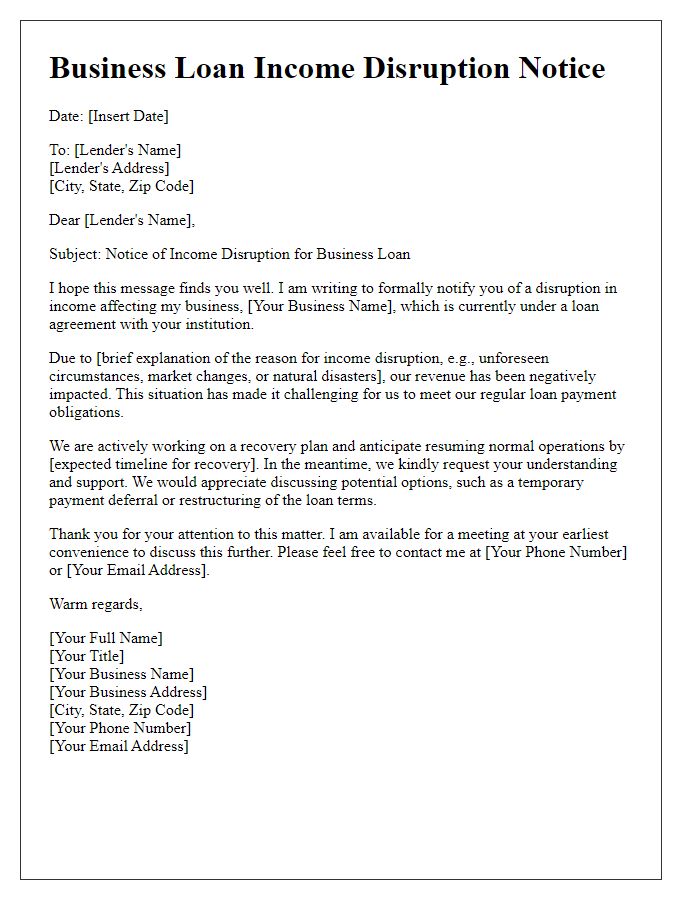 Letter template of business loan income disruption notice