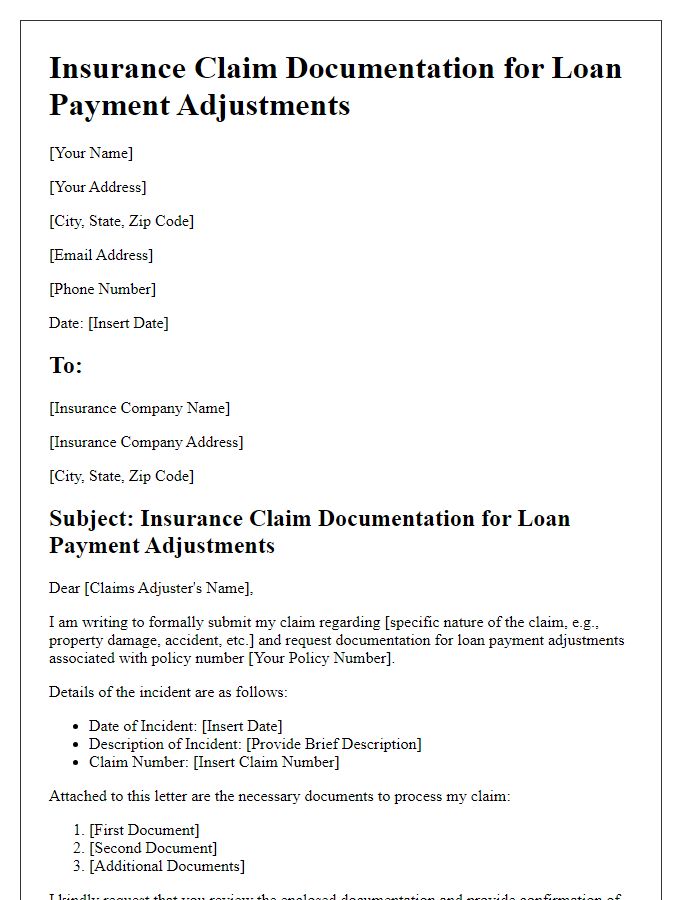 Letter template of insurance claim documentation for loan payment adjustments.