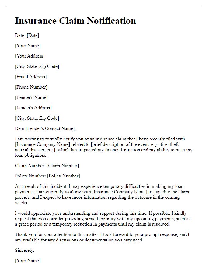 Letter template of insurance claim notification impacting loan obligations.