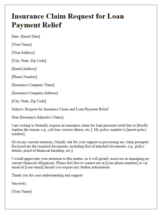 Letter template of insurance claim request for loan payment relief.