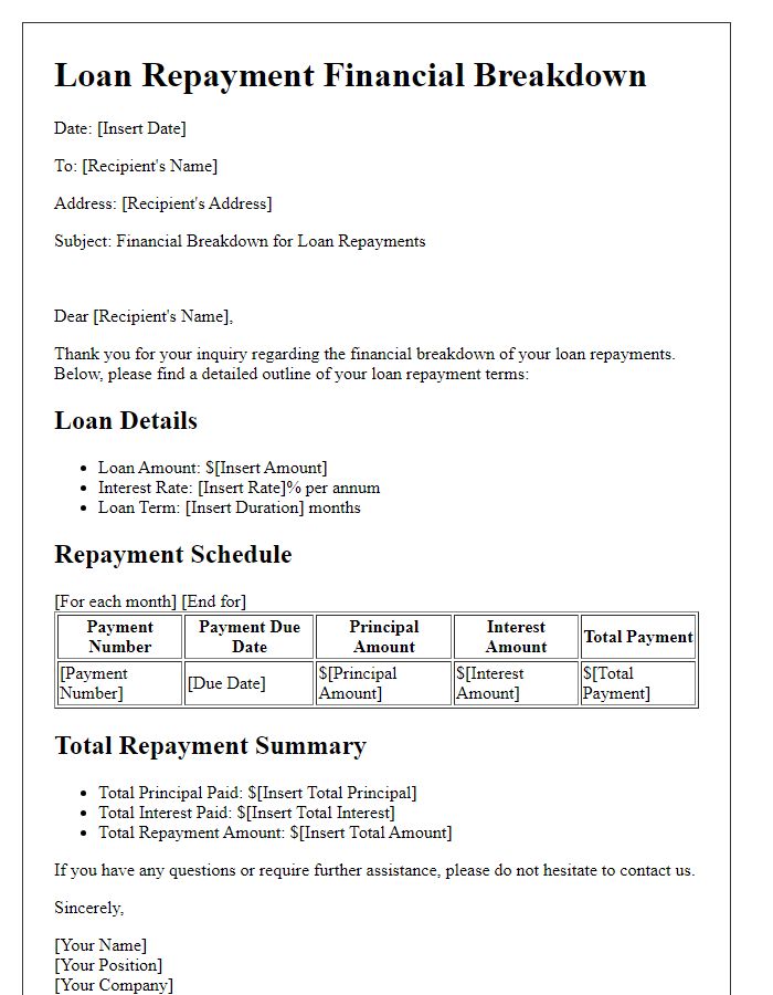 Letter template of financial breakdown for loan repayments