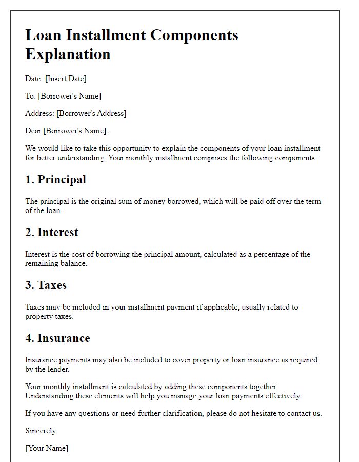 Letter template of loan installment components explanation