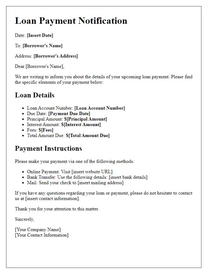 Letter template of specific loan payment elements