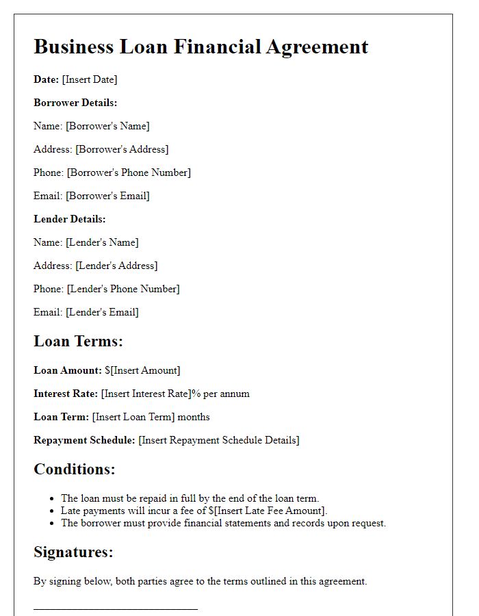 Letter template of business loan financial agreement for small enterprises.