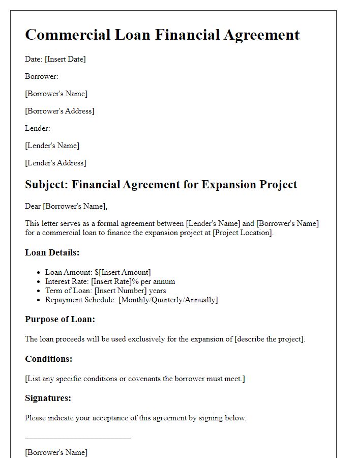 Letter template of commercial loan financial agreement for expansion projects.