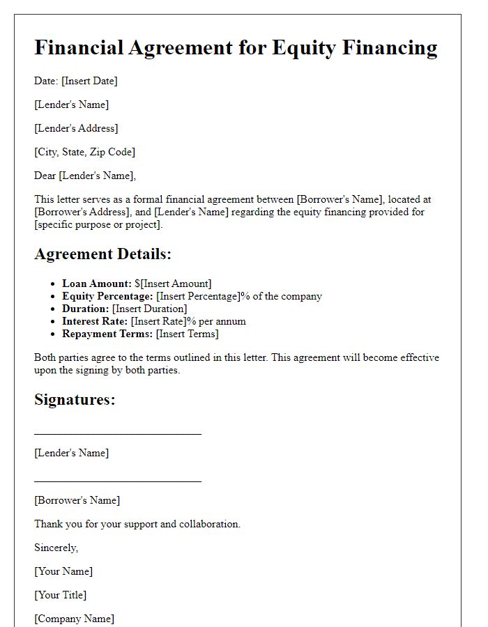 Letter template of financial agreement for equity financing in business loans.