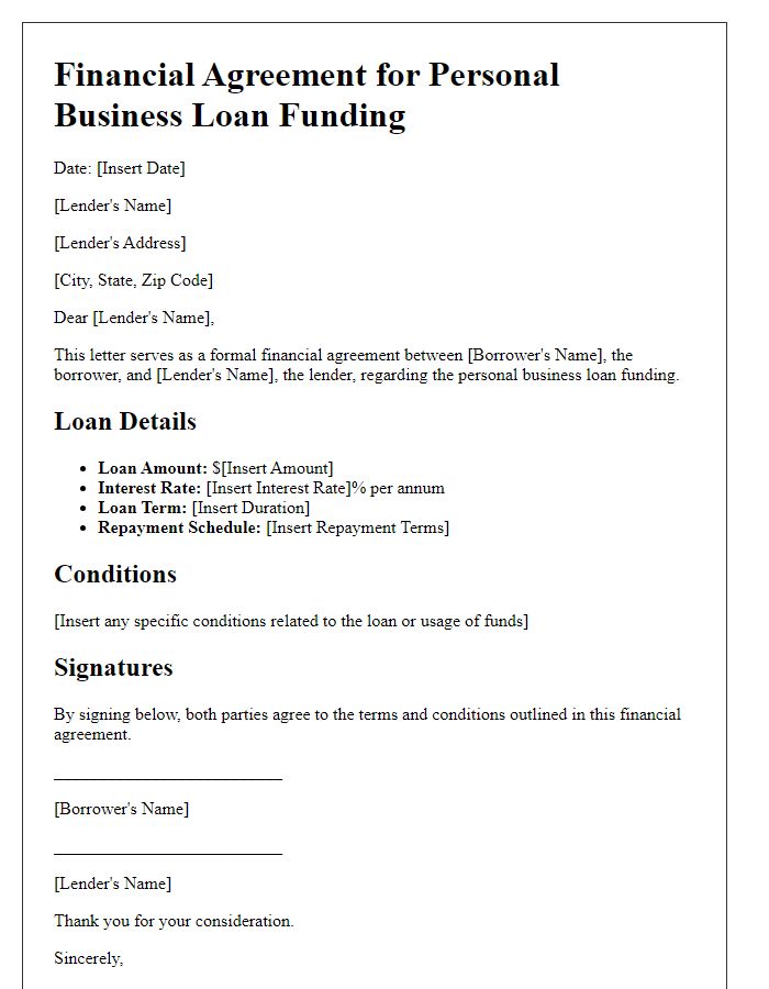 Letter template of financial agreement for personal business loan funding.