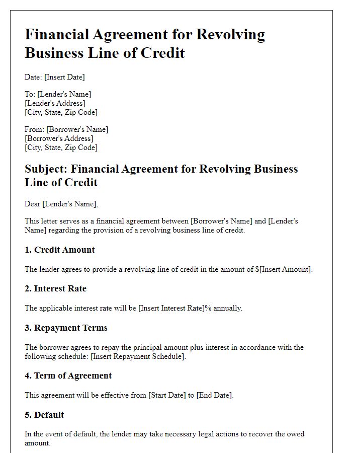 Letter template of financial agreement for revolving business line of credit.