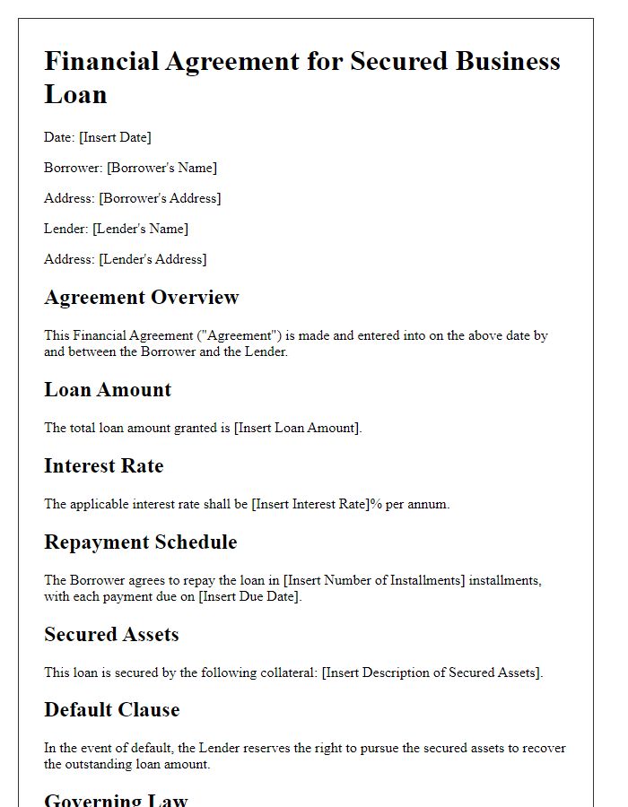 Letter template of financial agreement for secured business loan arrangements.