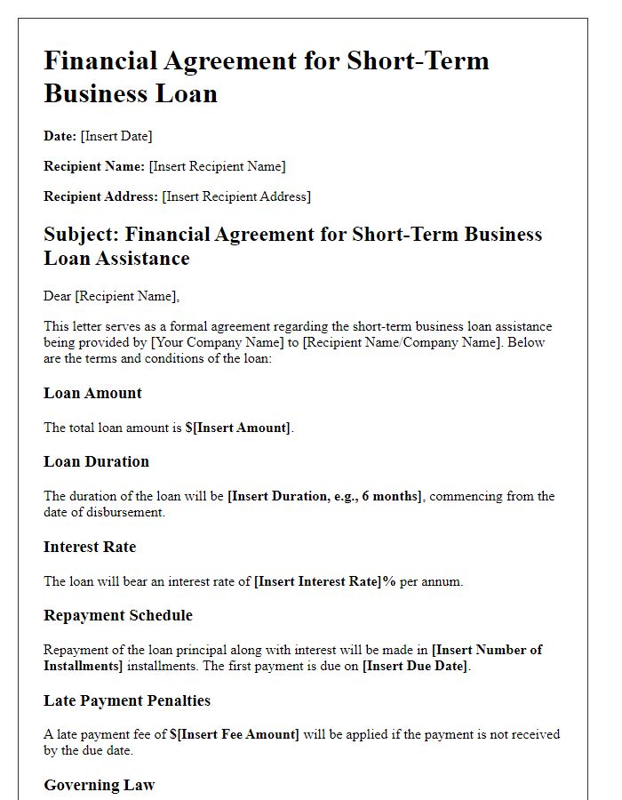 Letter template of financial agreement for short-term business loan assistance.