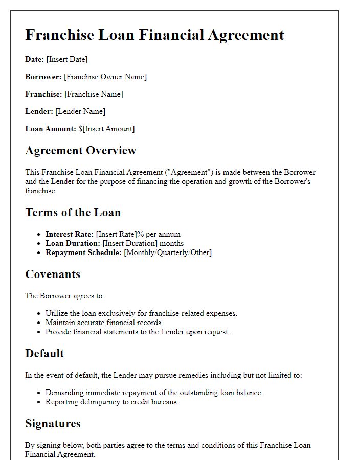 Letter template of franchise loan financial agreement for franchise owners.