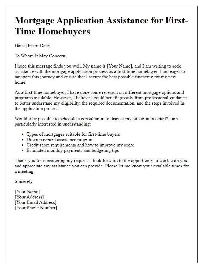 Letter template of mortgage application assistance for first-time homebuyers